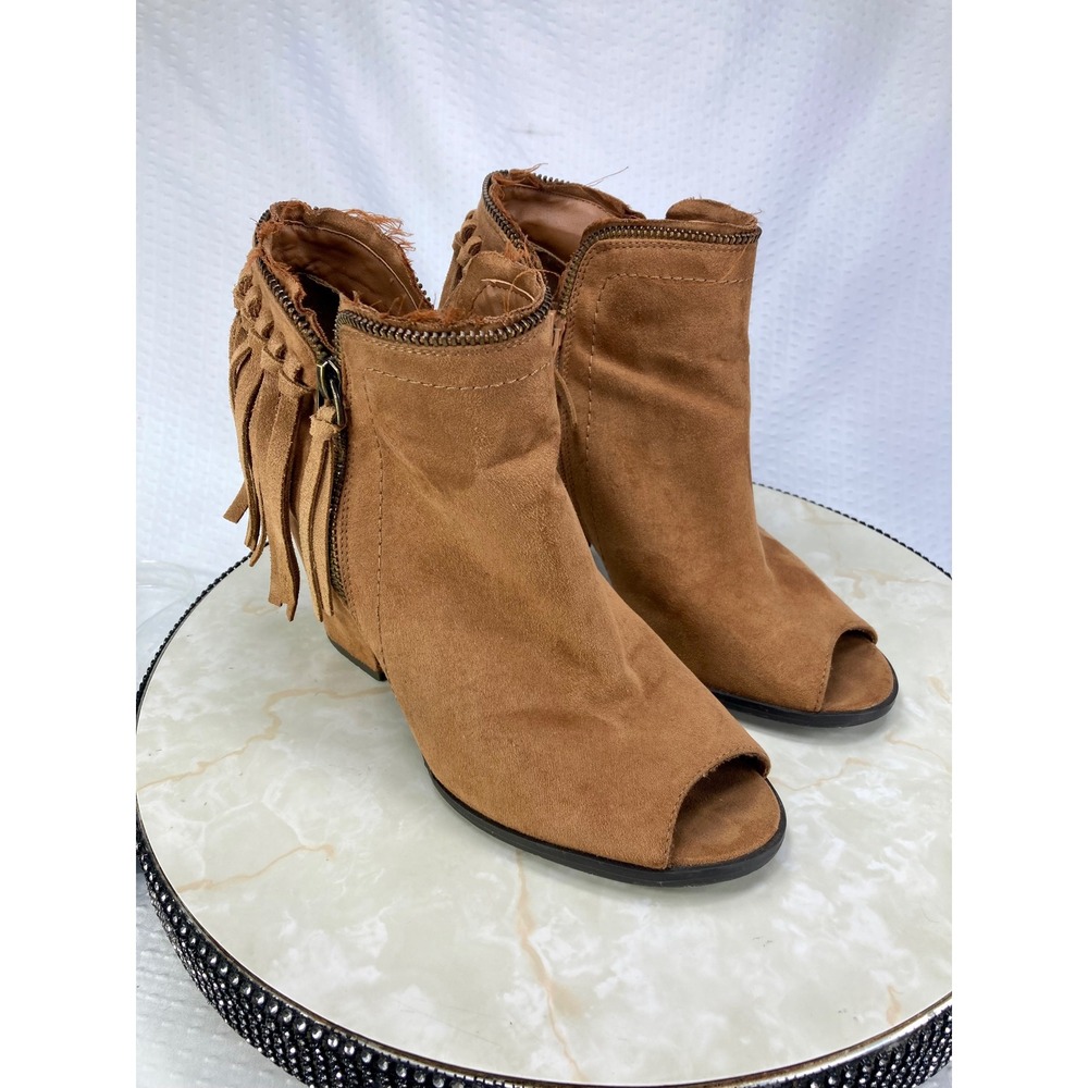 Dolce Vita Suede Fringe Peep Toe Ankle Booties Womens 9 Tan Block Heel Western